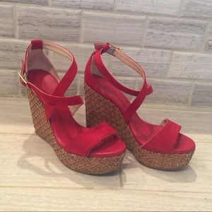 Jimmy Choo Portia Red Suede Lasered Cork  Wedge